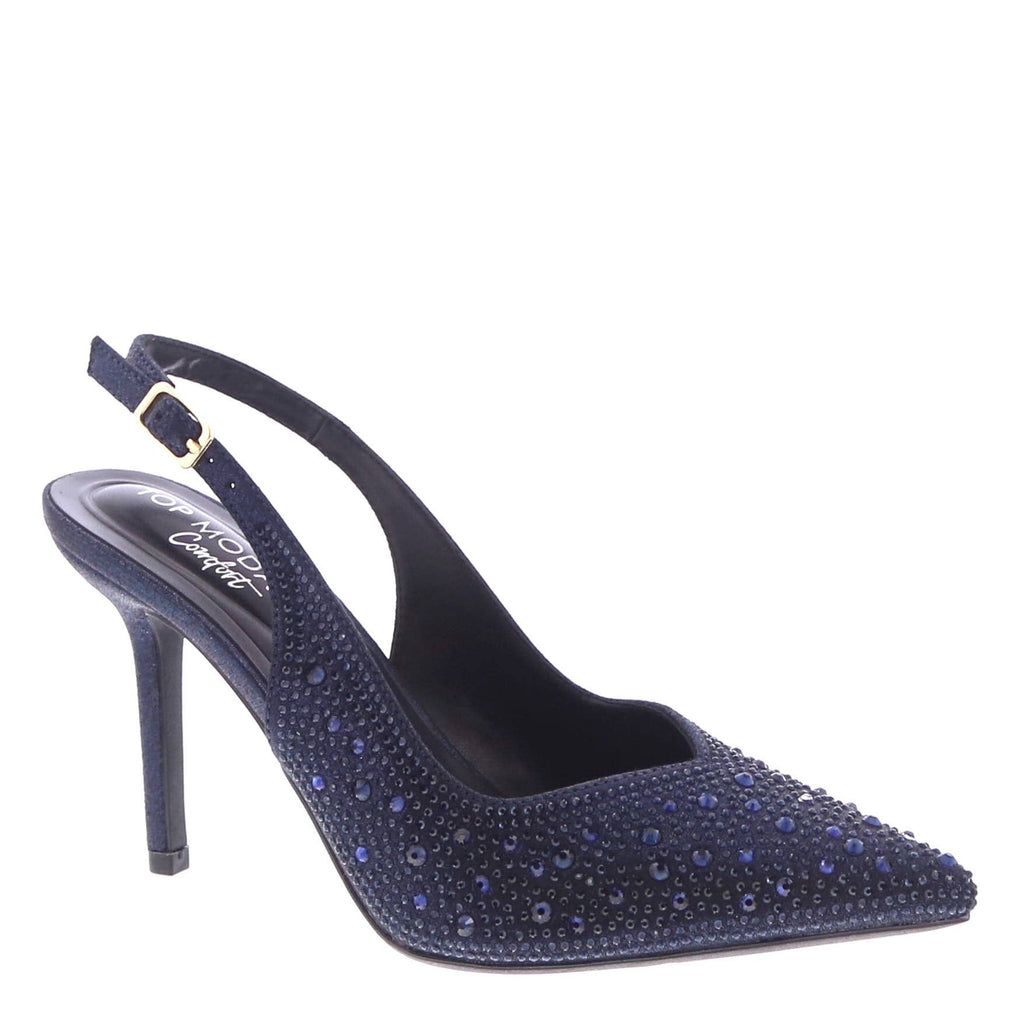 Tacones stiletto con tira trasera y pedrería