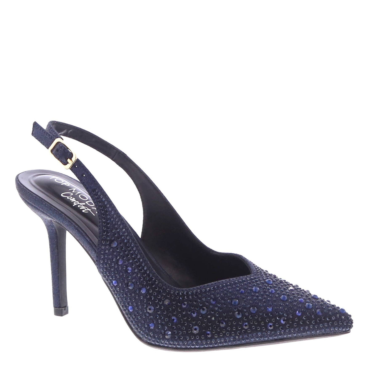 Tacones stiletto con tira trasera y pedrería