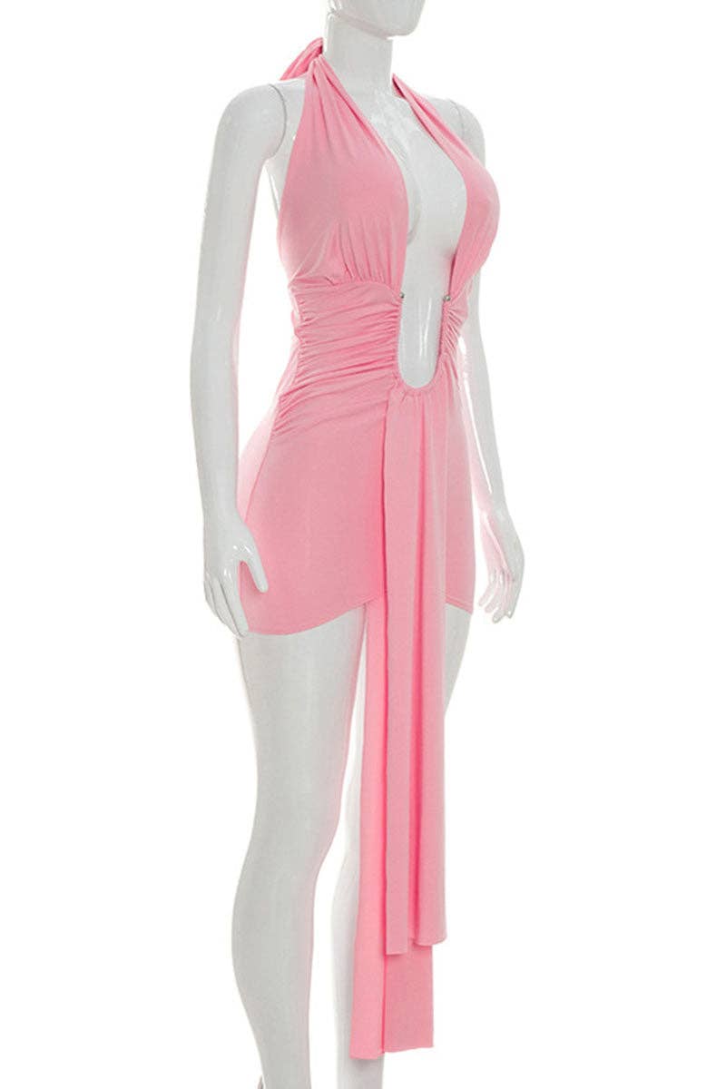 Minivestido halter con fruncido y escote en V