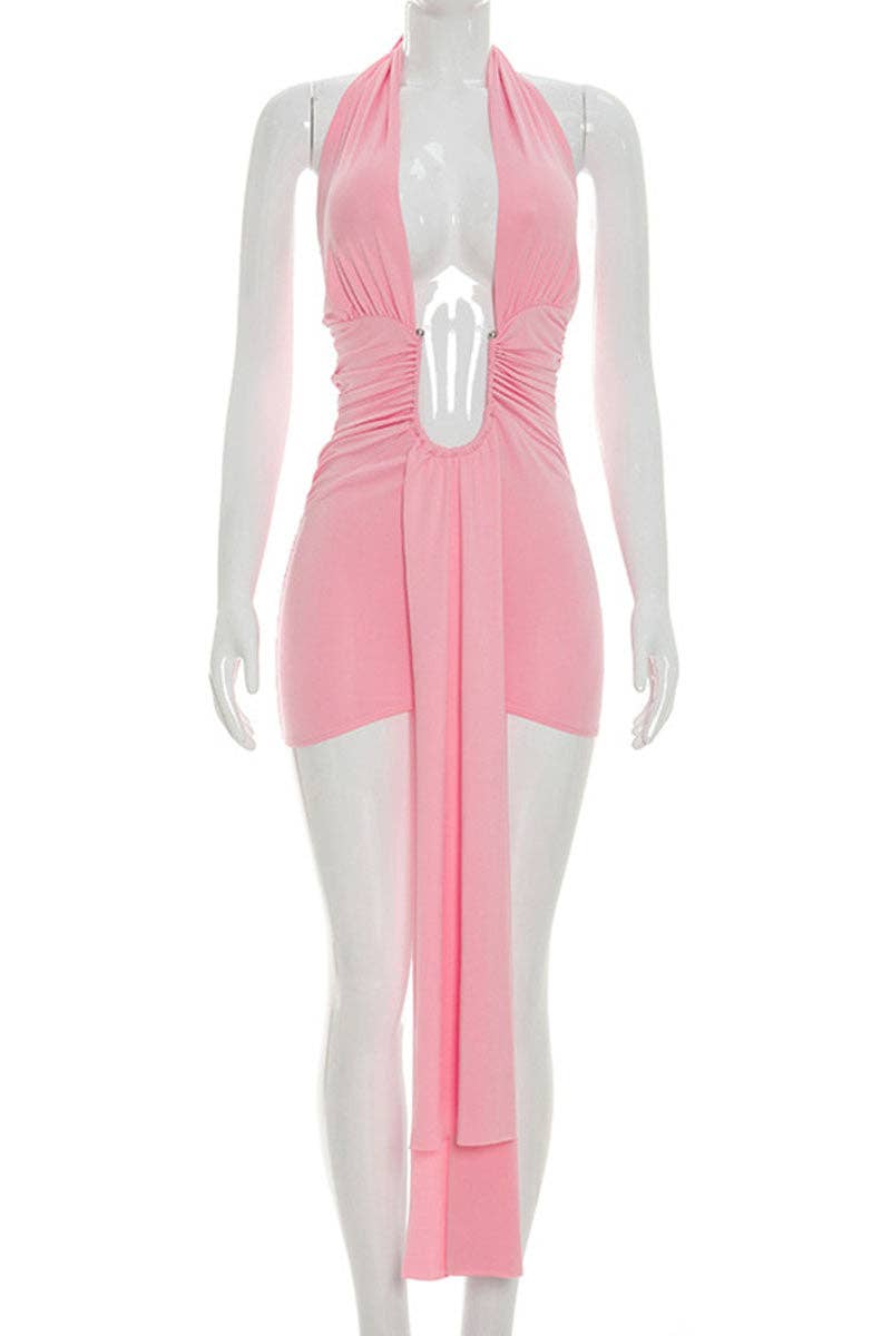 Minivestido halter con fruncido y escote en V