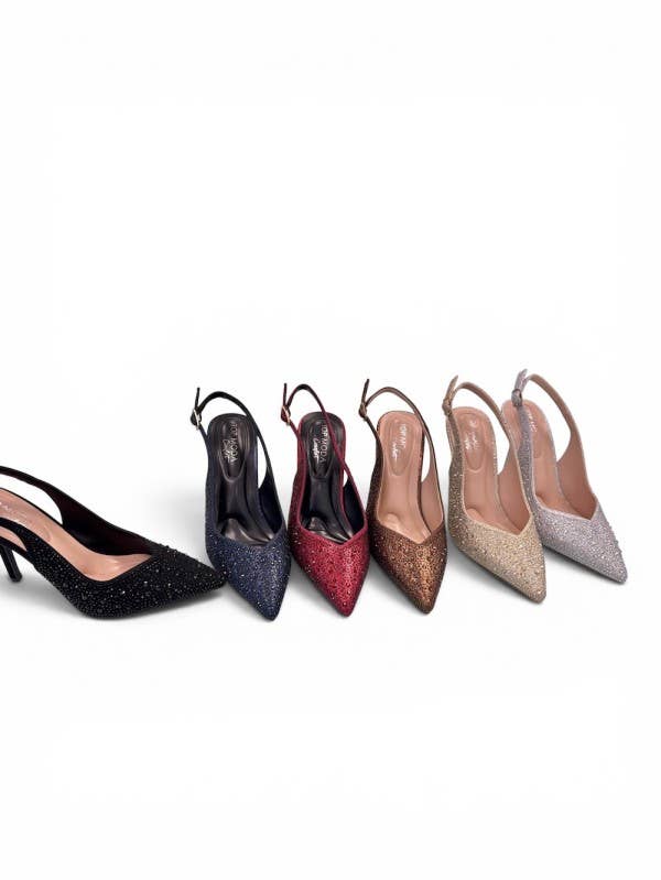 Tacones stiletto con tira trasera y pedrería