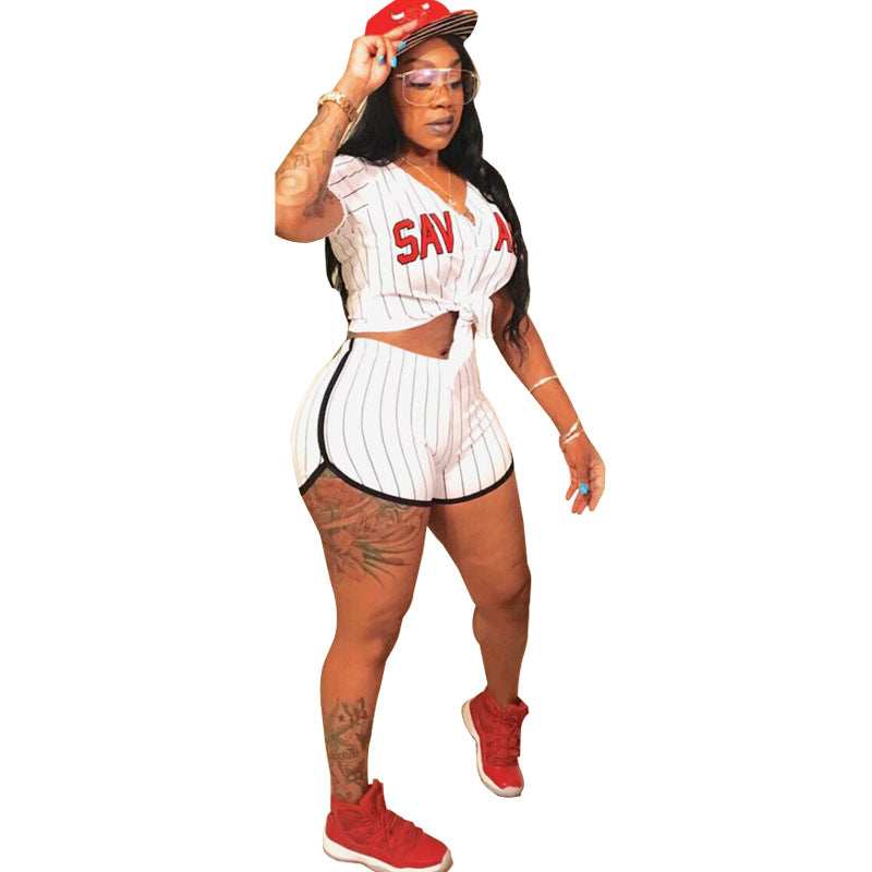 Striped baseball jersey two-piece set