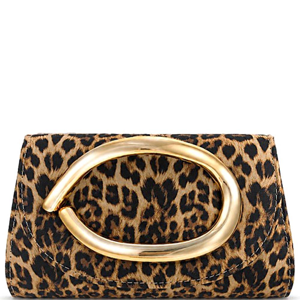 Bolso de noche con estampado animal y diseño metálico