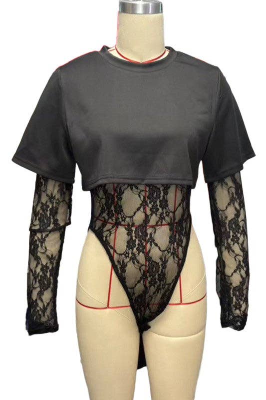 Conjunto de encaje de 2 piezas con body de manga larga