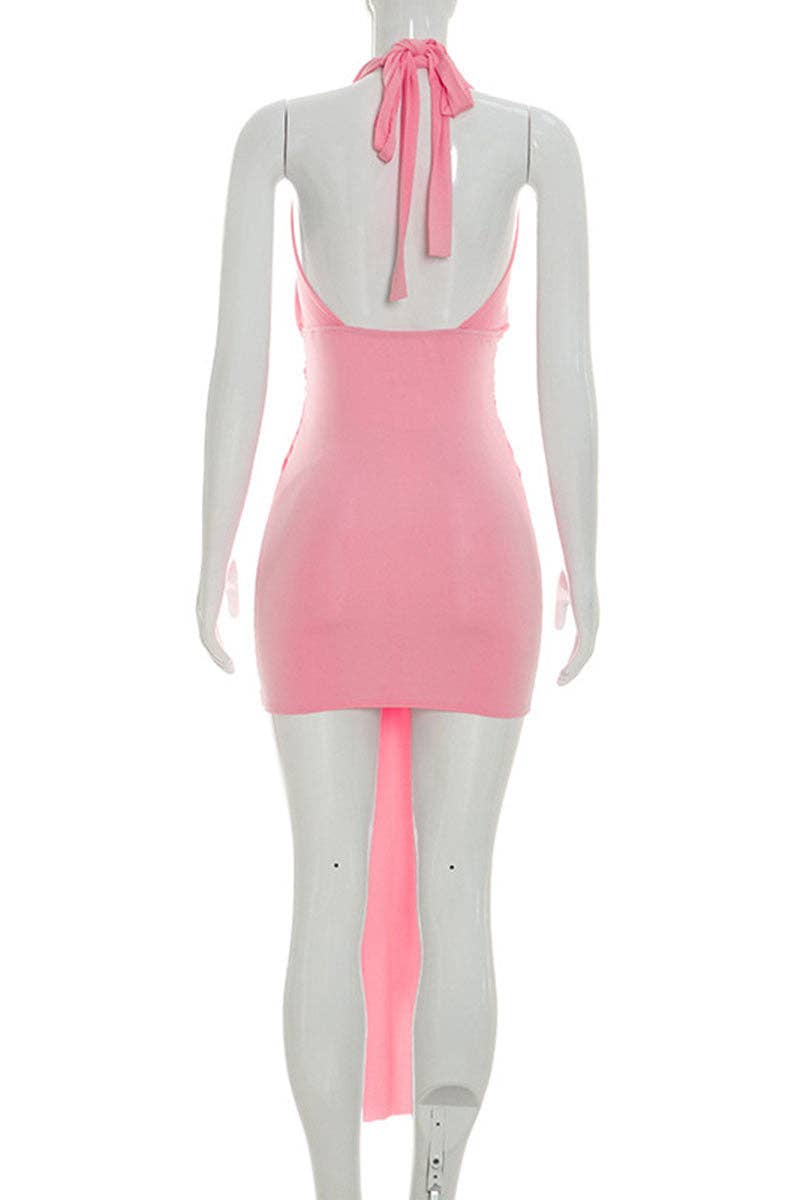 Minivestido halter con fruncido y escote en V